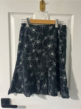 Vintage Novita Floral Embroidered Polka Dot A-Line Skirt Black White P/S